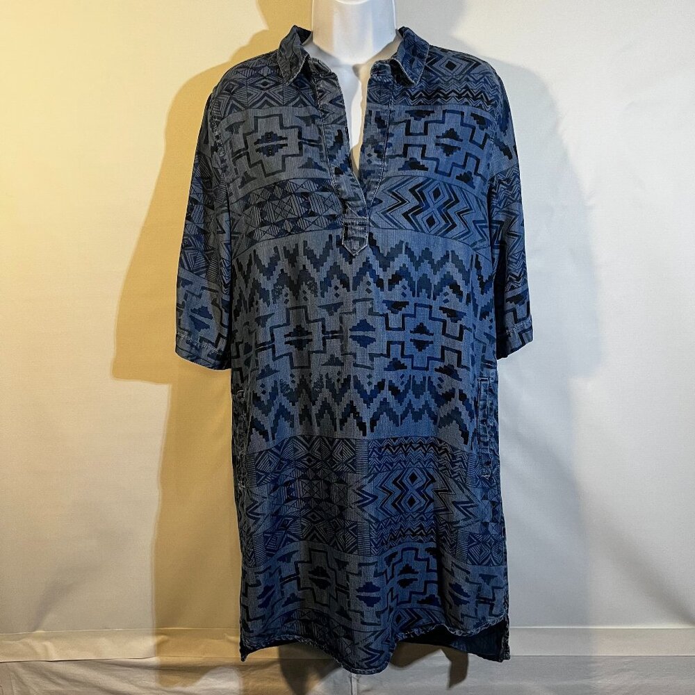 Philosophy Aztec Popover Shirt Dress Blue Denim Aztec Print Women's Sz S